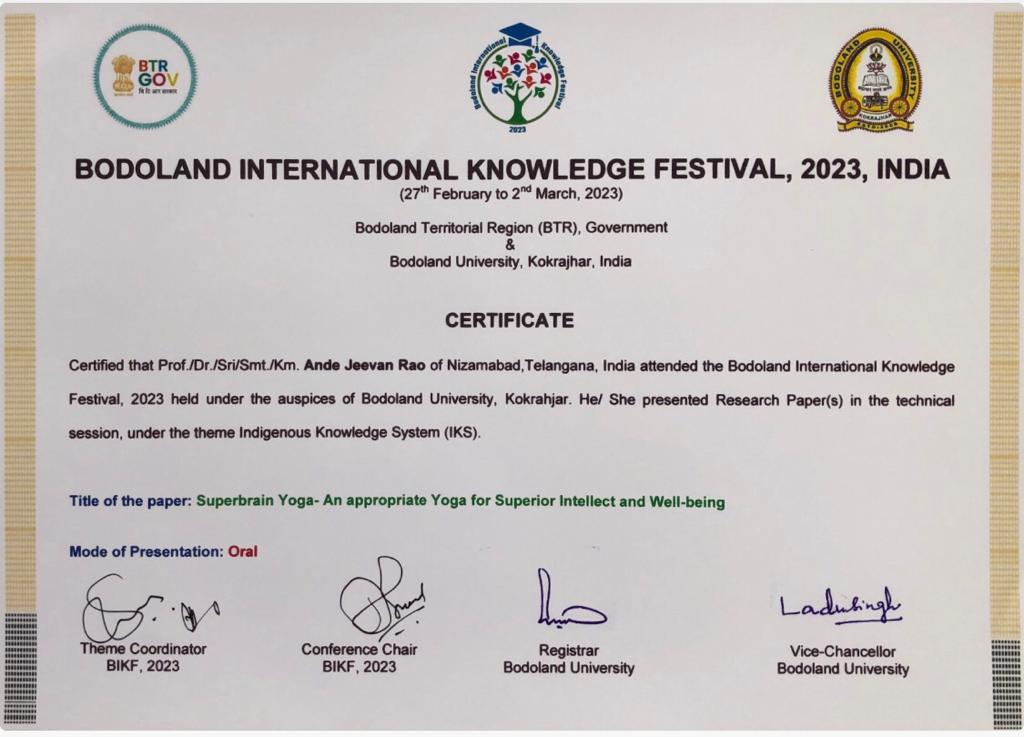 Certificate of Paper Presentation on title: "Super Brain Yoga-An Appropriate Yoga for Superior Intellect and Wellbeing"