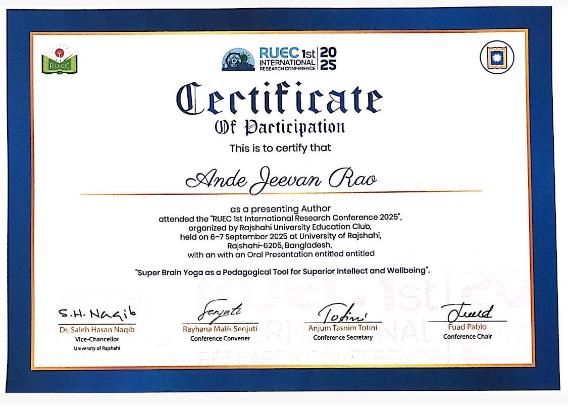 Certificate of paper presentation title: Super Brain Yoga as a Pedagogical Tool for Superior Intellect & Wellbeing.