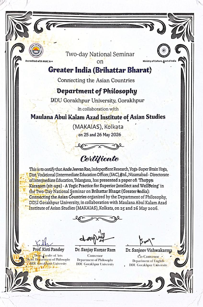 Paper Presentation Certificate- National Seminar on Greater India (Brihattar Bharat), Gorakhpur University.