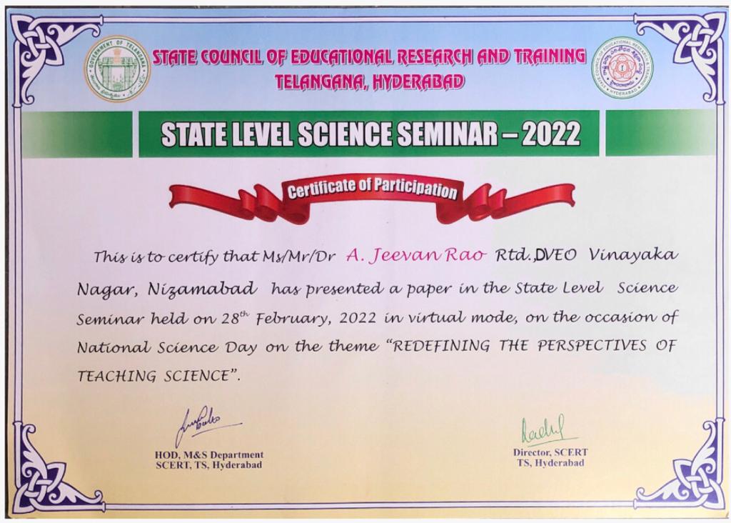 State Level Science Seminar-2022; Redefining the Perspectives of Teaching Science
