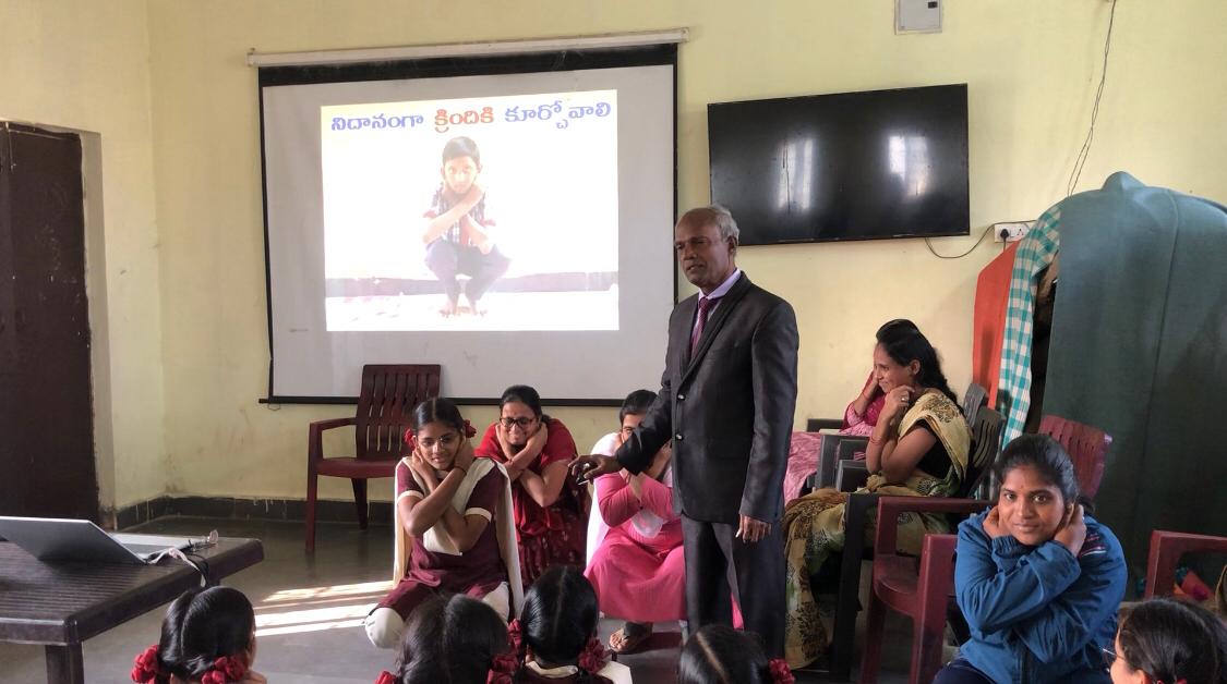 Demonstration on Super Brain Yoga-Workshop on Super Brain Yoga at Telangana Tribal Welfare Residential Junior College for Girls, Tirmanpally, Indalwai Mandal, Nizamabad Dist.