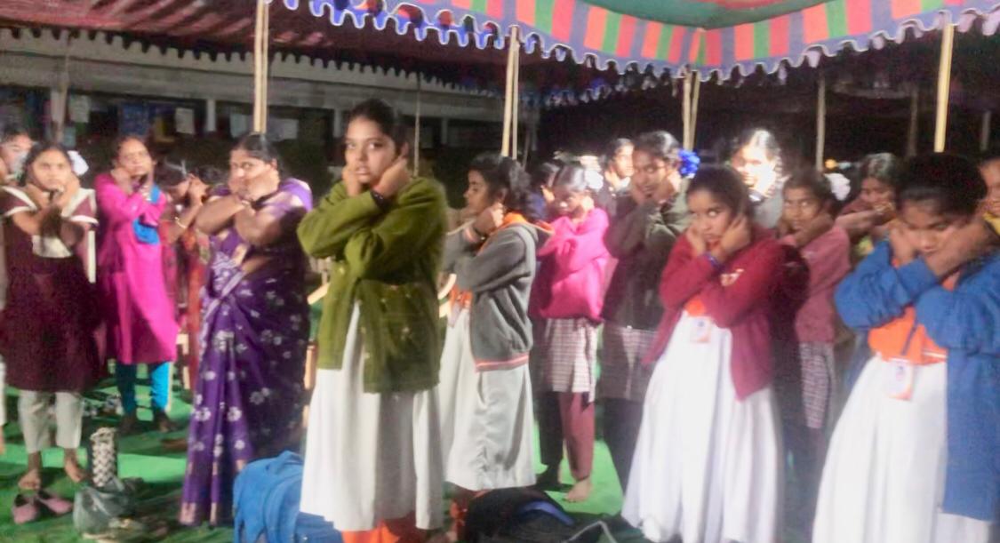 Positioning of arms on abdomen - Workshop on "Super Brain Yoga" at Dist. Level INSPIRE 2024-2025 & Rajya Sthariya Vaijnaanika Pradarshini 2025-2026 organized by Nizamabad Dist. School Edn. Dept., at Vijaya Mary High School, Bodhan