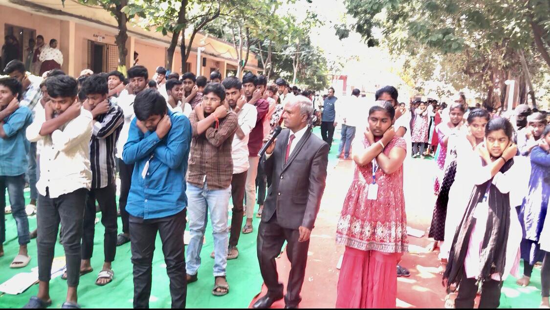 Students performing 14 rounds of Super Brain Yoga-Workshop on Super Brain Yoga at Govt. Junior College, Narayan Khed, Sanga Reddy Dist.