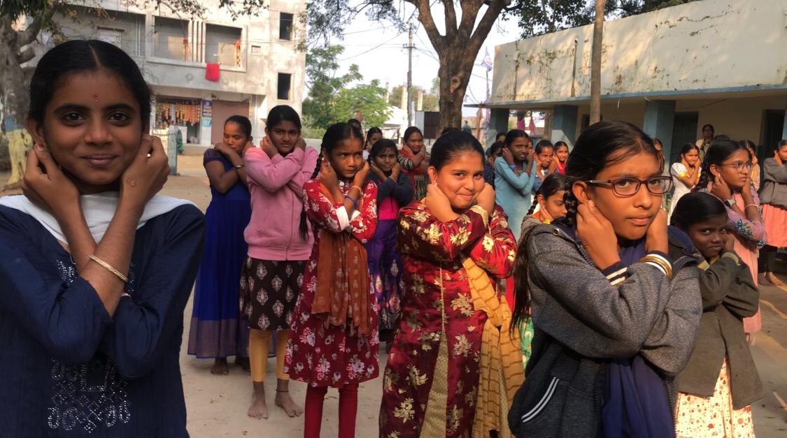 Students performing 14 rounds of Super Brain Yoga - Workshop on Super Brain Yoga at Zilla Parishad Girls High School, Chinna Malla Reddy, Kama Reddy Dist.