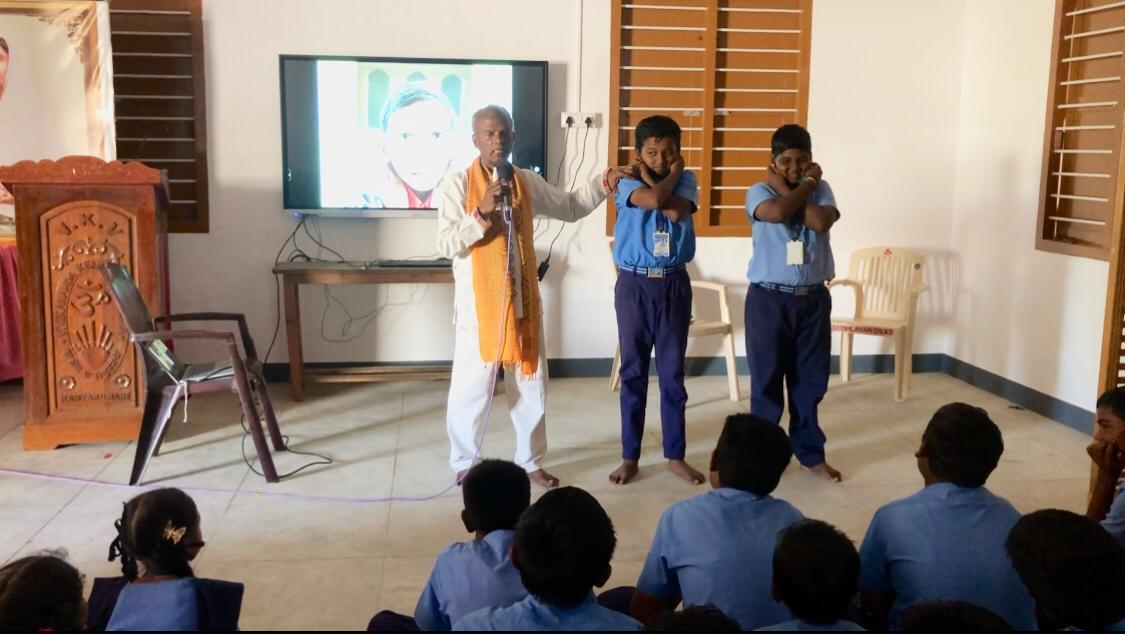 Demonstration on Super Brain Yoga at Vivekananda Kendra Matric Higher Secondary School, Kanyakumari, Tamil Nadu state.