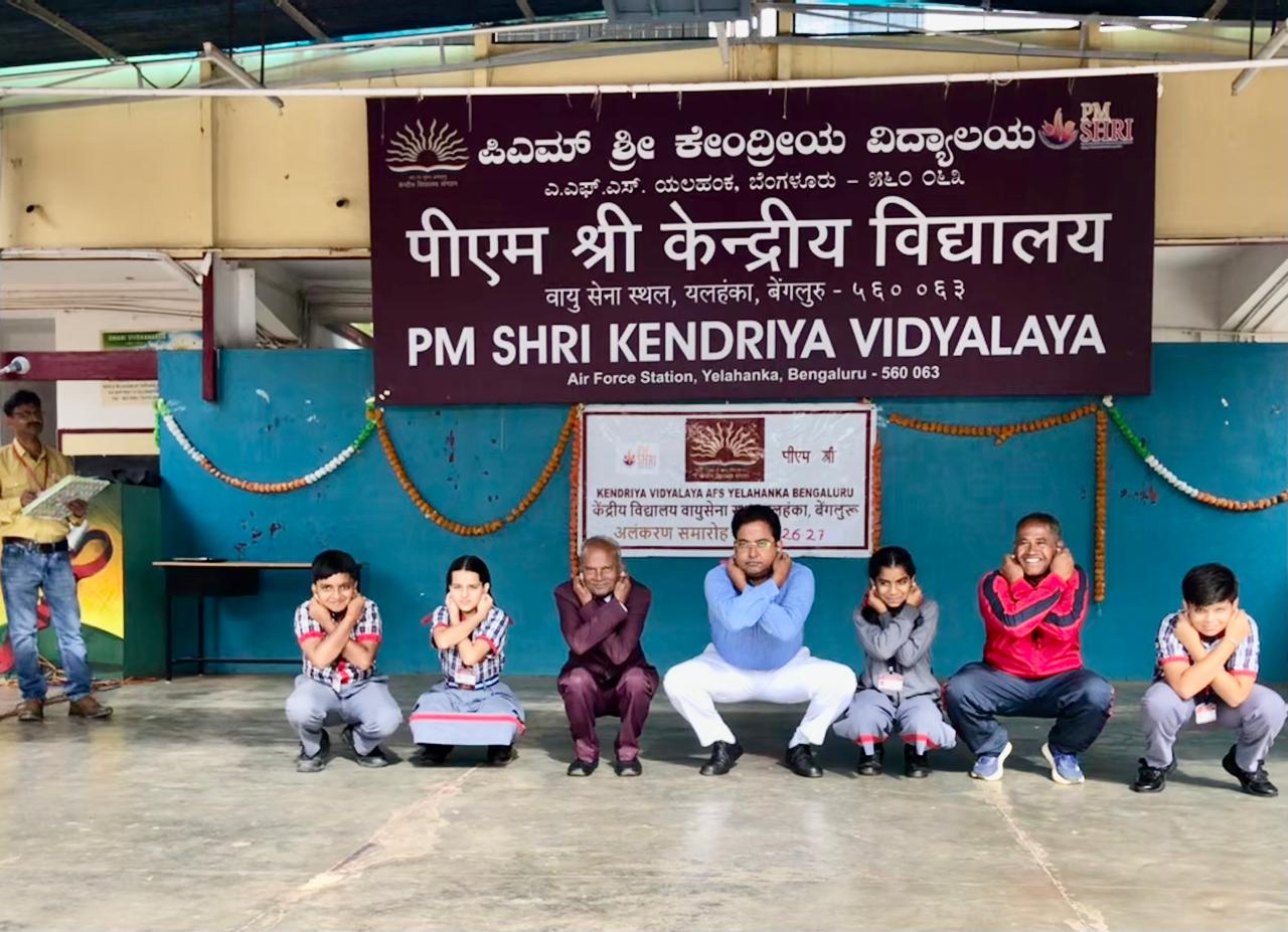Principal & P.D. performing Super Brain Yoga - Workshop on Super Brain Yoga at PM Sri Kendriya Vidyalaya, Air Force Station, Yelhanka, Bangalore, Karnataka state.