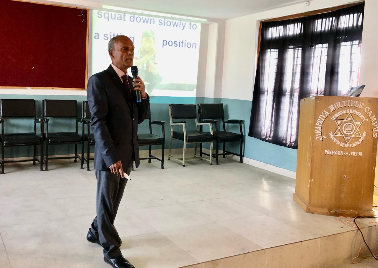 Explaining the steps for performing Super Brain Yoga - Workshop on Super Brain Yoga at Jana Priya College Multiple Campus, Jana Priya Marg, POKHARA-8, Nepal Country.