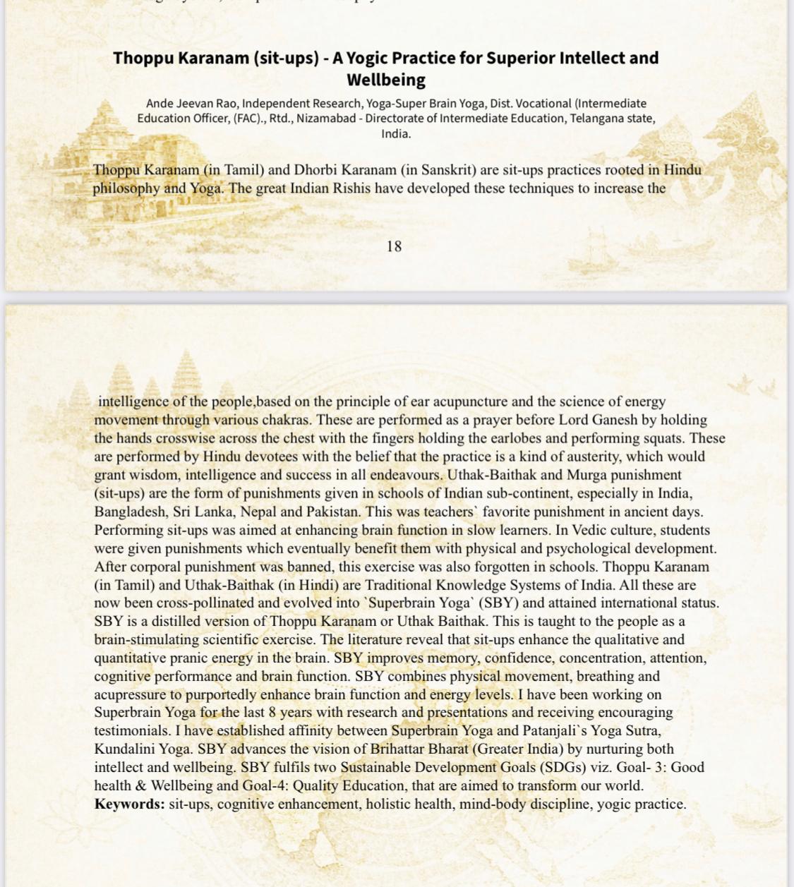 Abstract published in SOUVENIR-Book of Abstracts - Paper Presentation Certificate on "Thoppu Karanam (sit-ups) - A Yogic Practice for Superior Intellect & Well-being" , at National Seminar on Brihattar Bharat organized by DDU Gorakhpur University.