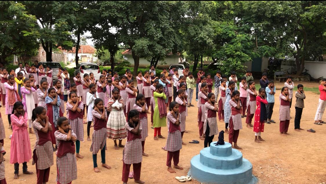Staff and students performing 14 rounds of  Super Brain Yoga at P.M. Sri Zilla Parishad High School, MALLARAM, Nizamabad Mandal & District.