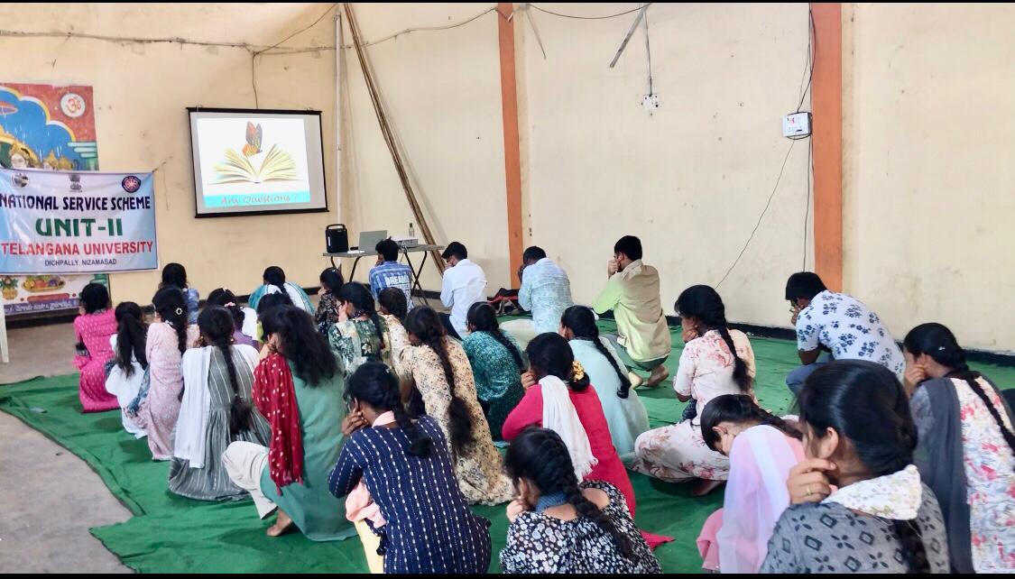 NSS Volunteers performing 14 rounds of Super Brain Yoga as part of workshop at Summer Special Camp, National Service Scheme Unit-II, Telangana University organized at Dichpally village on 26-04-2026.