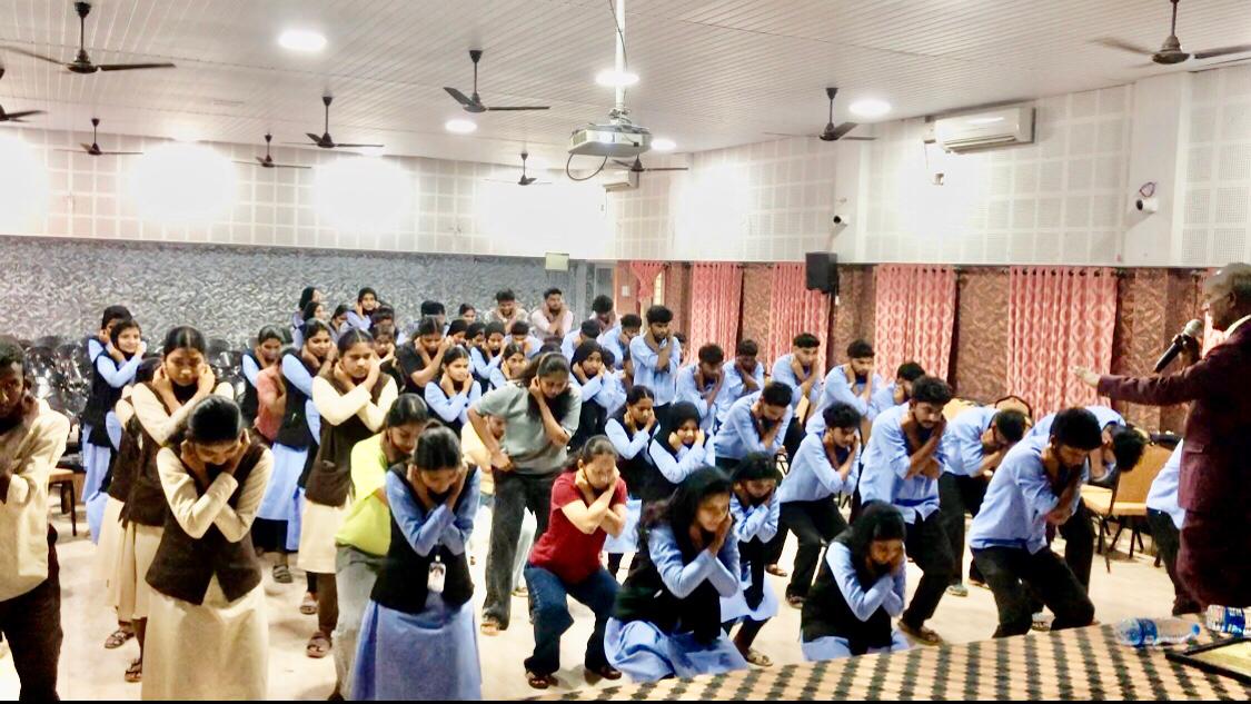 Students performing Super Brain Yoga at MES Ponnani College, Ponnani, Kerala state. organized by Sattava Yoga & Meditation Club, Dept. of Physical Education & Legacy Wisdom Circle, Center for IKS.