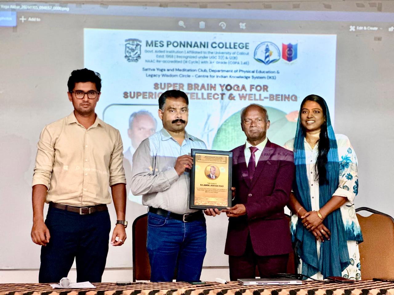 Felicitation by Principal & Staff - Workshop on Super Brain Yoga at MES Ponnani College, Ponnani, Kerala state. organized by Sattava Yoga & Meditation Club, Dept. of Physical Education & Legacy Wisdom Circle, Center for IKS.