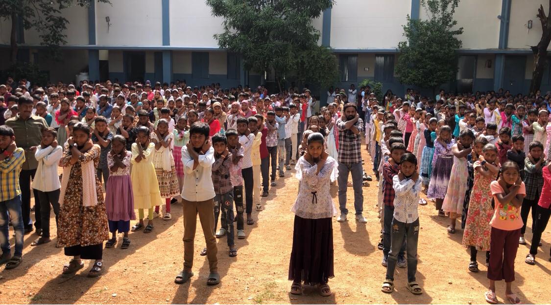 Positioning of fingers during Super Brain Yoga - Workshop on Super Brain Yoga at Telangana Model School & Junior College, Gopal Pet, Nagireddy Per Mandal, Kamareddy Dist., sponsored by International Lions Club of Nizamabad-Netha.