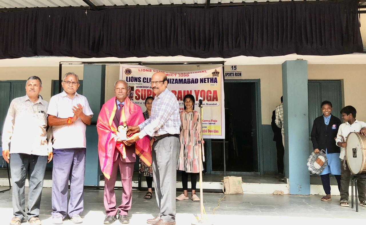 Felicitation by Principal and Staff - Workshop on Super Brain Yoga at Telangana Model School & Junior College, Gopal Pet, Nagireddy Per Mandal, Kamareddy Dist., sponsored by International Lions Club of Nizamabad-Netha.