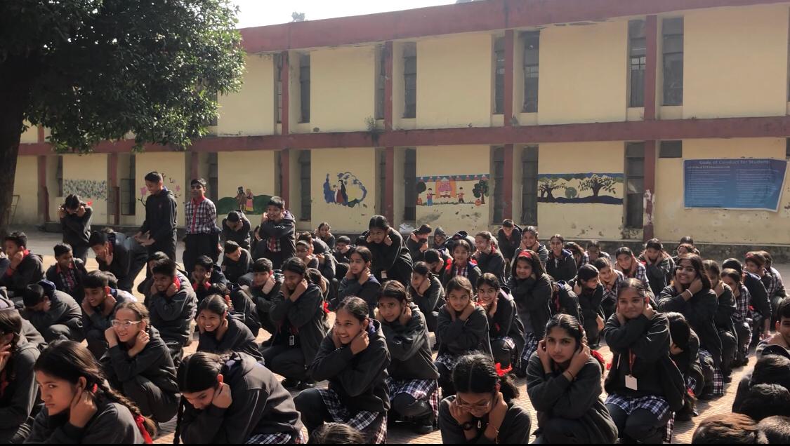 Students performing Super Brain Yoga at Kendriya Vidyalaya, FRI, Dehradun, Uttarakhand state.